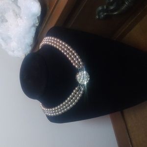 Sarah Conventry VTG Necklace Triple Strand Faux Pearls with Rhinestone Clasp